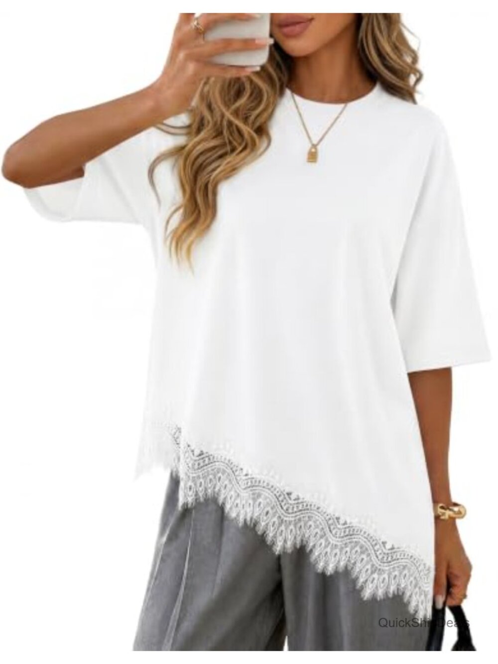 Oversized Lace Hem Tunic Tee Drop Shoulder Short Sleeve Top
